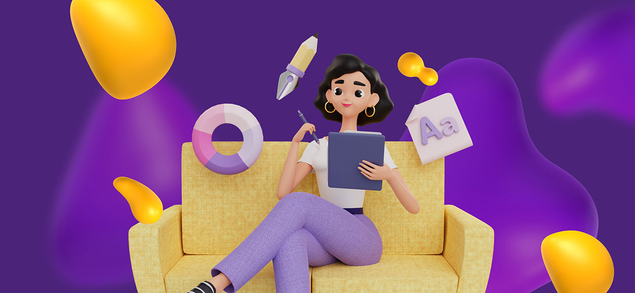 A woman sits on a couch. She is writing something on a clipboard and is surrounded by floating lifesavers, pens, and a chart, indicating that she is taking careful notes.