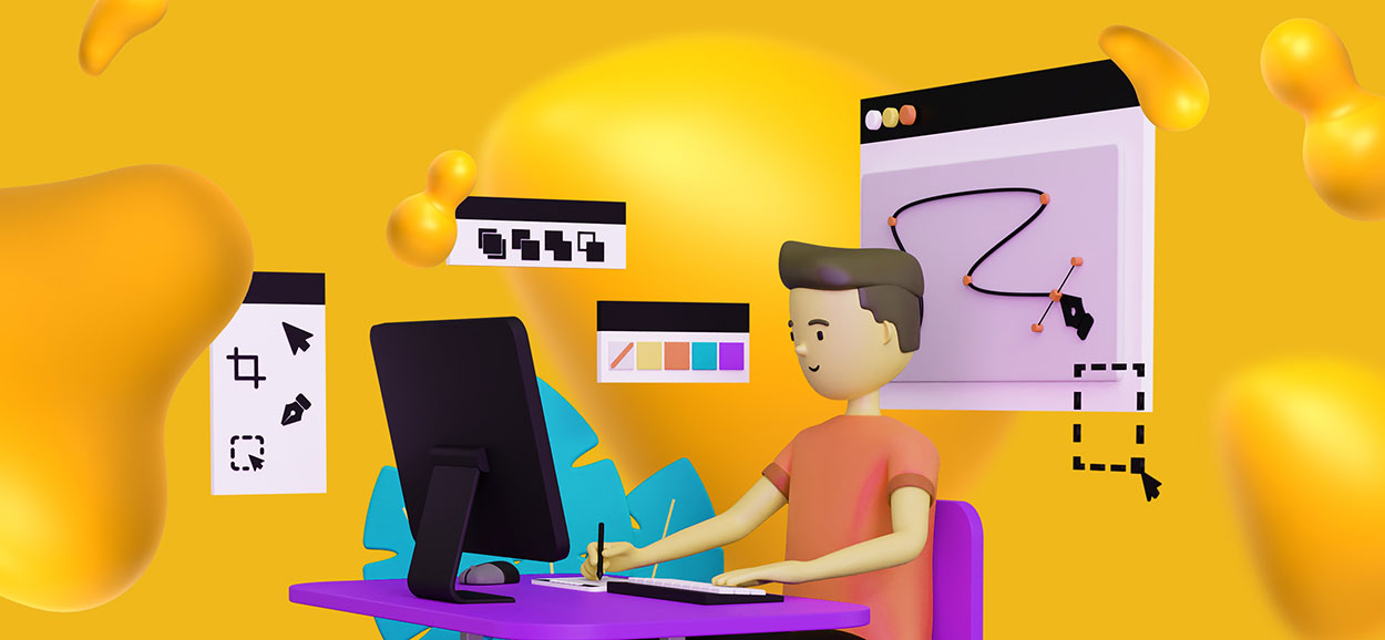 A man busily designing at a computer. He is surrounded by floating elements of graphic design software.