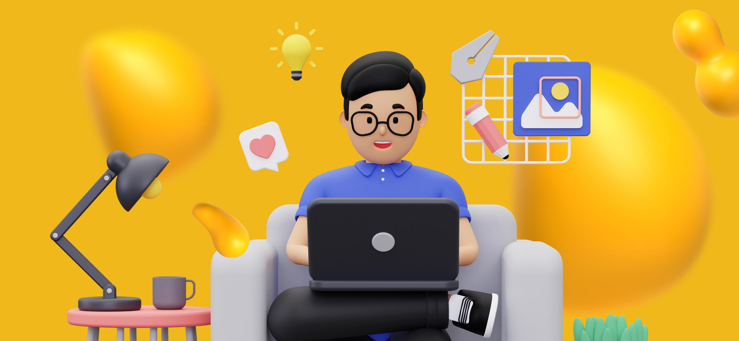 A freelancer sitting on a couch with a laptop on his lap.