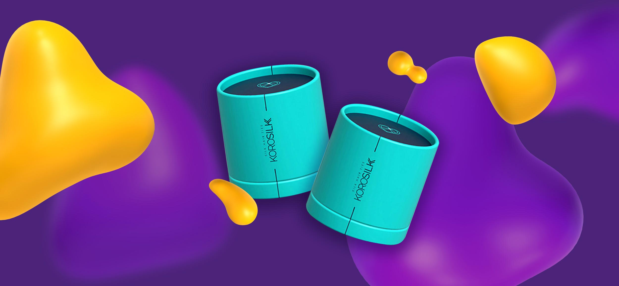 Two cylinder-shaped turquoise Korosilk hair tie containers. The design is minimalist with black text running along the middle.
