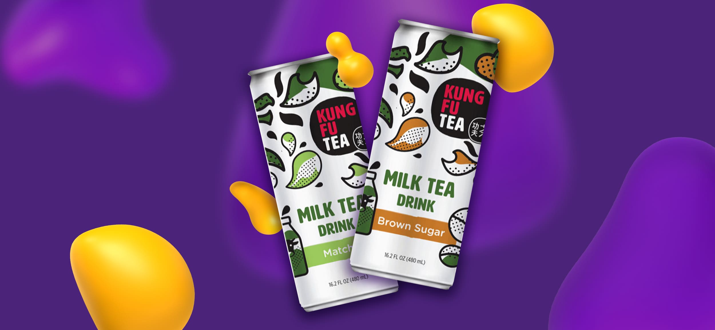 Two Kung Fu Tea cans. They bold and vivid shades of green, red, and black.