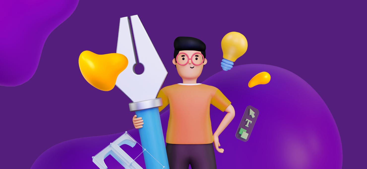 A man with glasses holding a giant fountain pen. He is surrounded by floating tool icons from graphic design software.