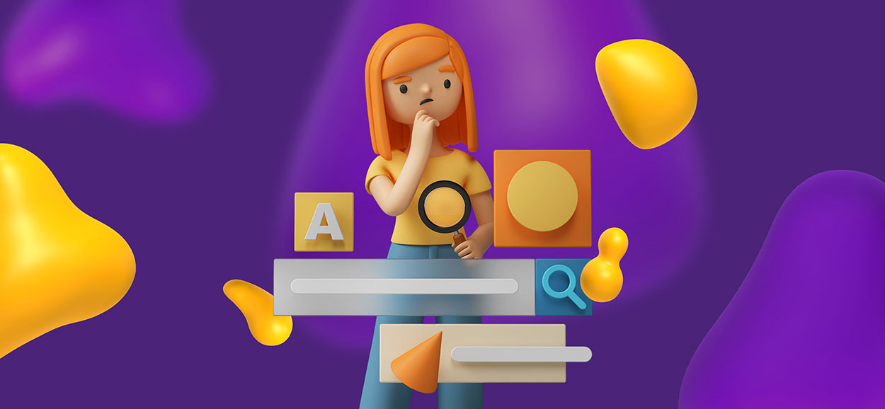 A woman with red hair stands behind floating elements of graphic design software. She's holding a magnifying glass and thinking hard about something.