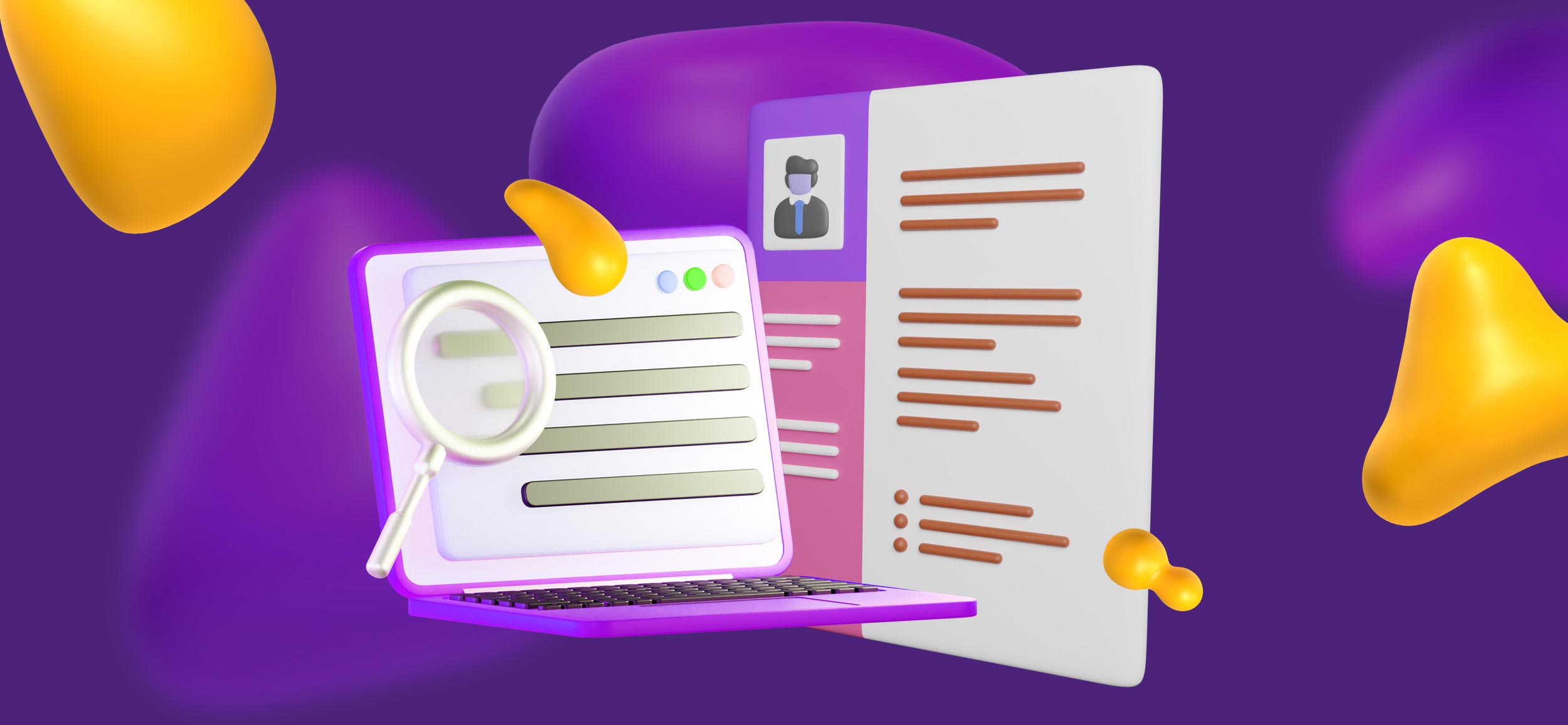 A magnifying glass floating over a computer screen with a printed out resume floating by its side.