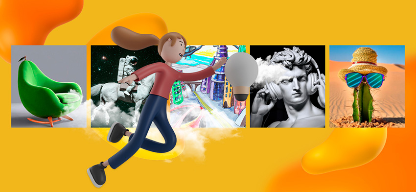 A woman chasing a floating lightbulb past a gallery of abstract images, including a pear-looking chair, an astronaut riding a horse, and Michaelangelo's David wearing headphones.