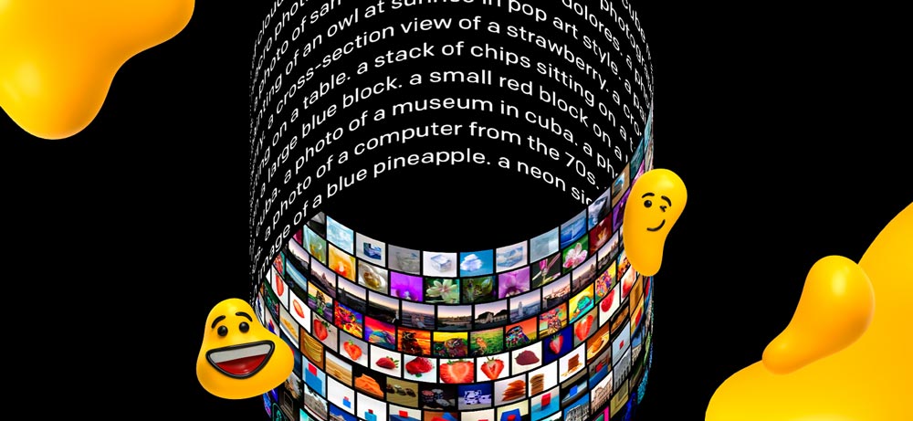 Two happy yellow blobs float alongside a cylinder made up of written DALL-E 2 prompts and various images.