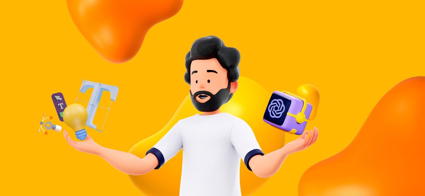 A man in a white shirt weighing graphic design tools in one hand and a box with OpenAI's logo in the other.