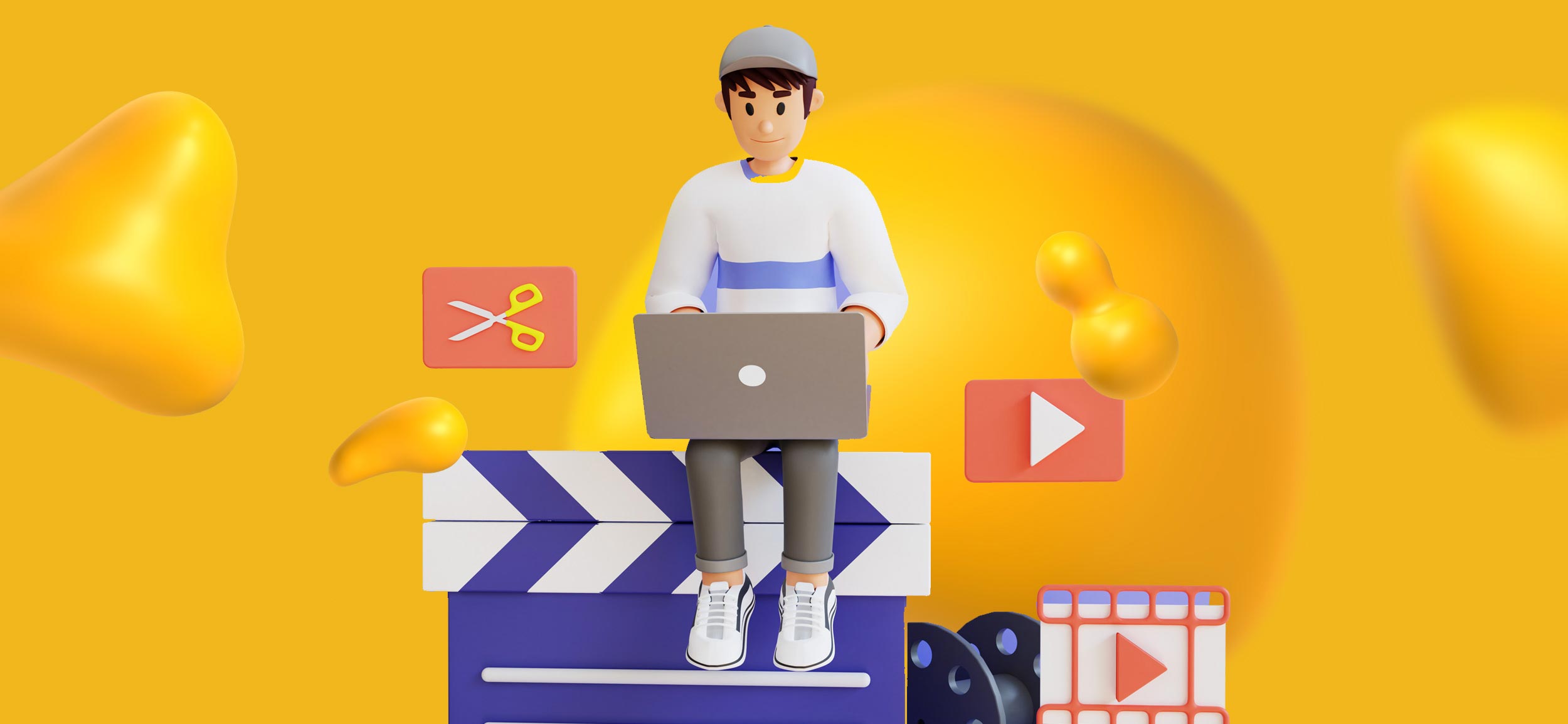 A man works on a laptop while sitting on a giant clapperboard. He is surrounded by floating elements of video editing software.