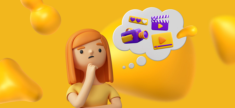 A girl thinking. There is a thought bubble above her head with images of a video camera, a clapboard, and a video play button.