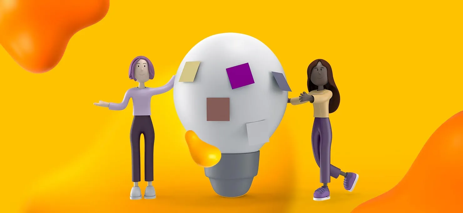 Two creatives posting Sticky notes on a lightbulb to signify their creative process.