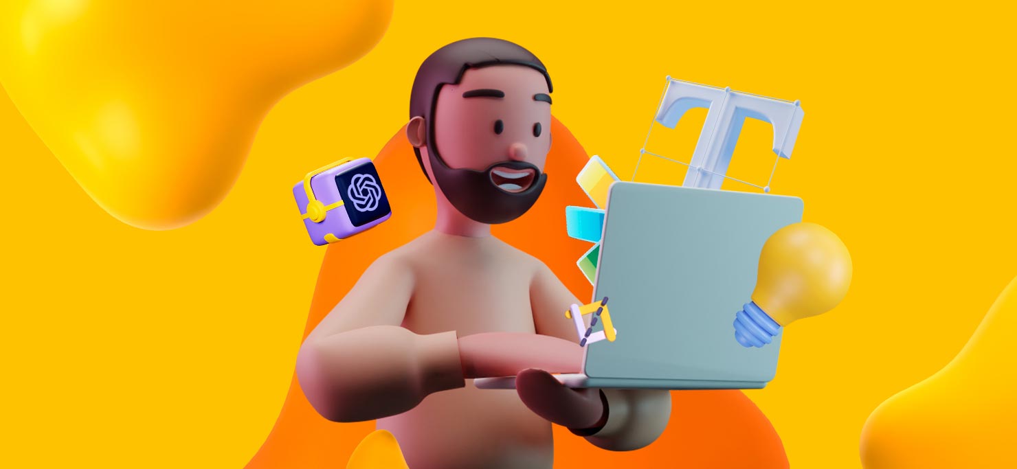 A creative working on a laptop, with elements of graphic design software floating around him as he works.