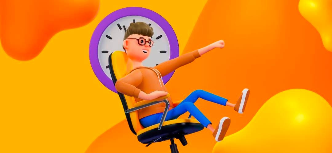 A man leans back leisurely in his chair. There is a giant clock behind him. He has nothing but time.