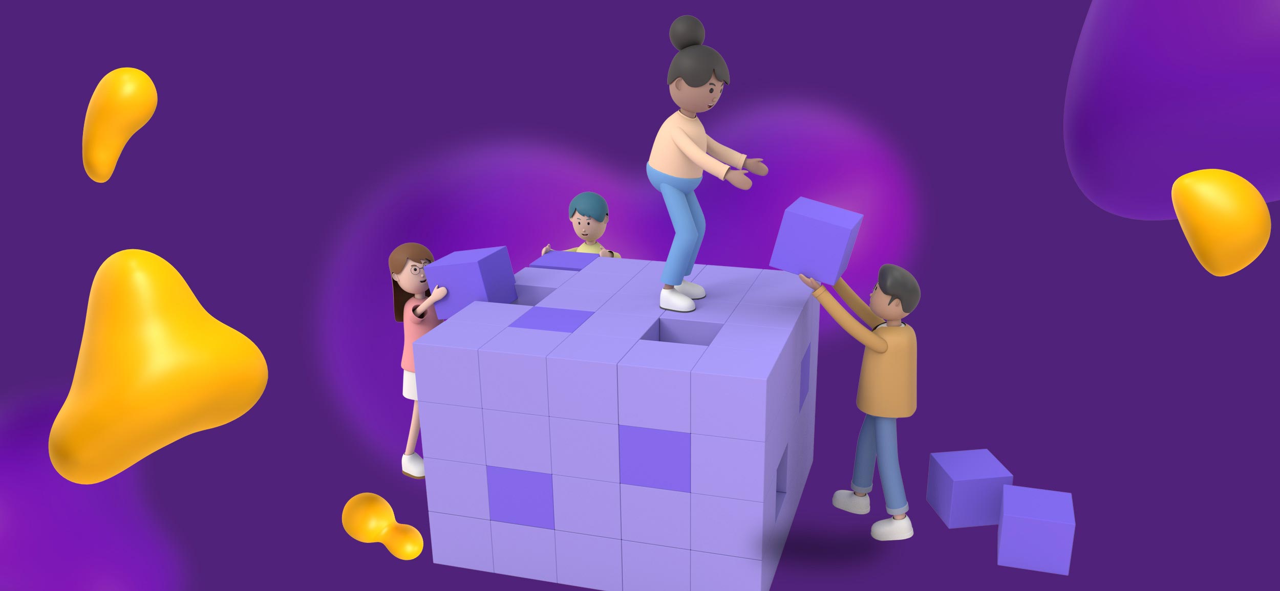 A team working together to complete a cube puzzle.