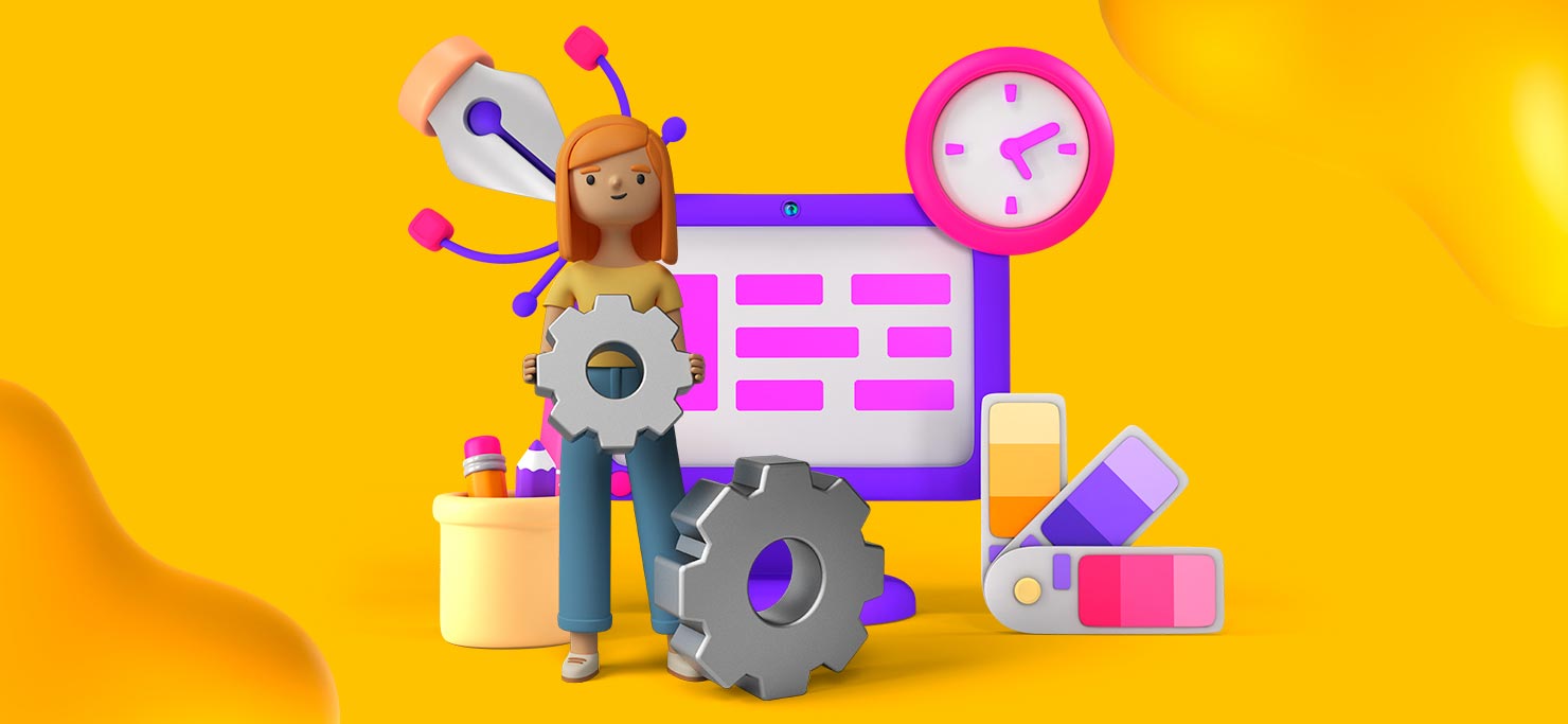 A project manager is holding a gear. She is standing in front of various symbols of project management, such as a clock, a computer screen, a cell phone, and pencils.