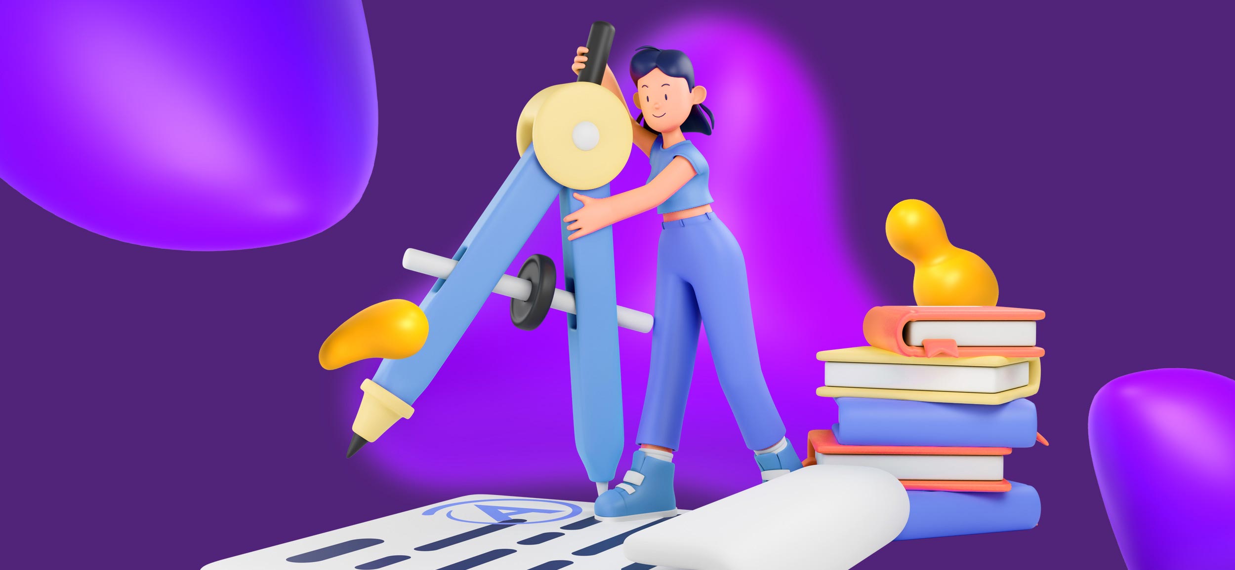 A Creative Director working with a giant compass. She is surrounded by project management tools like books and a schedule.