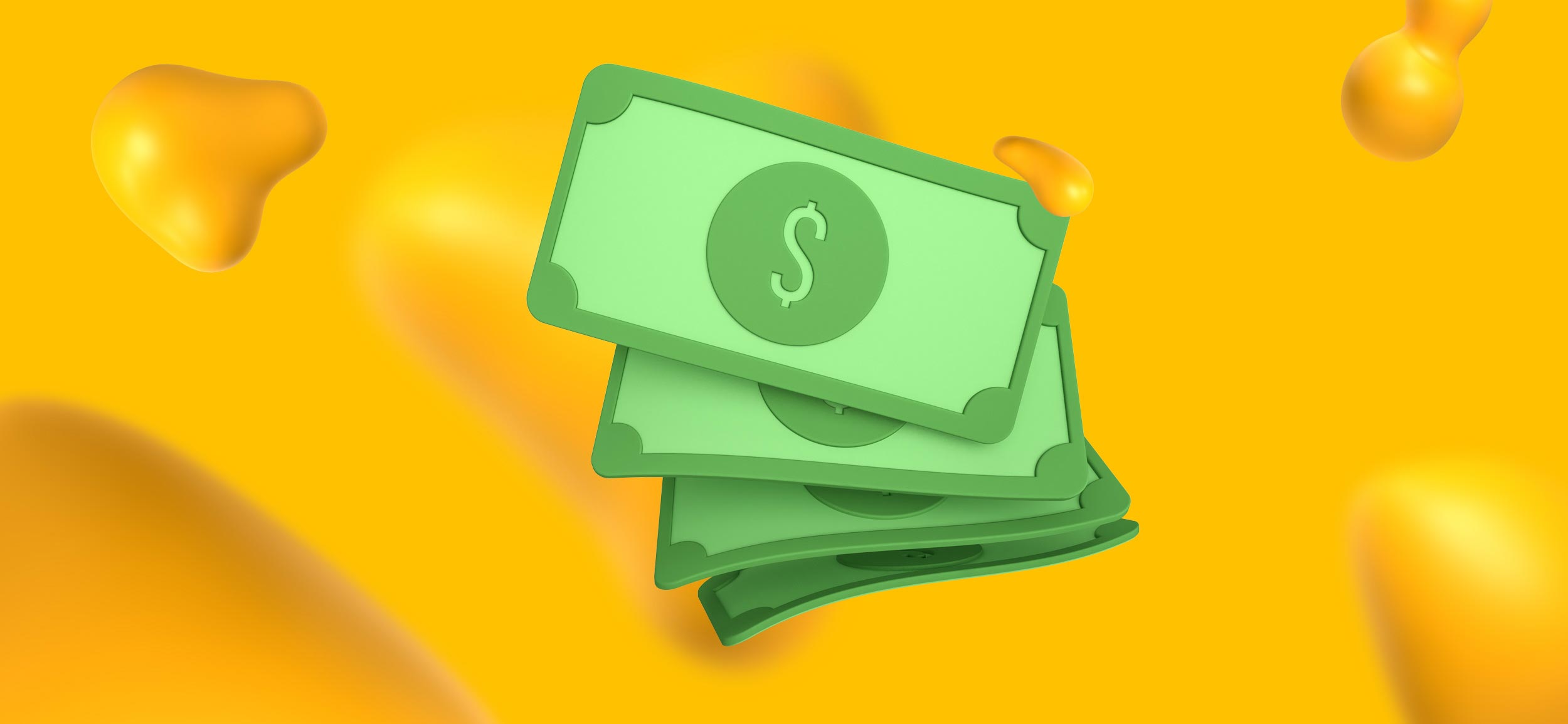 Giant dollar bills floating in a field of yellow Designity-branded blobs.