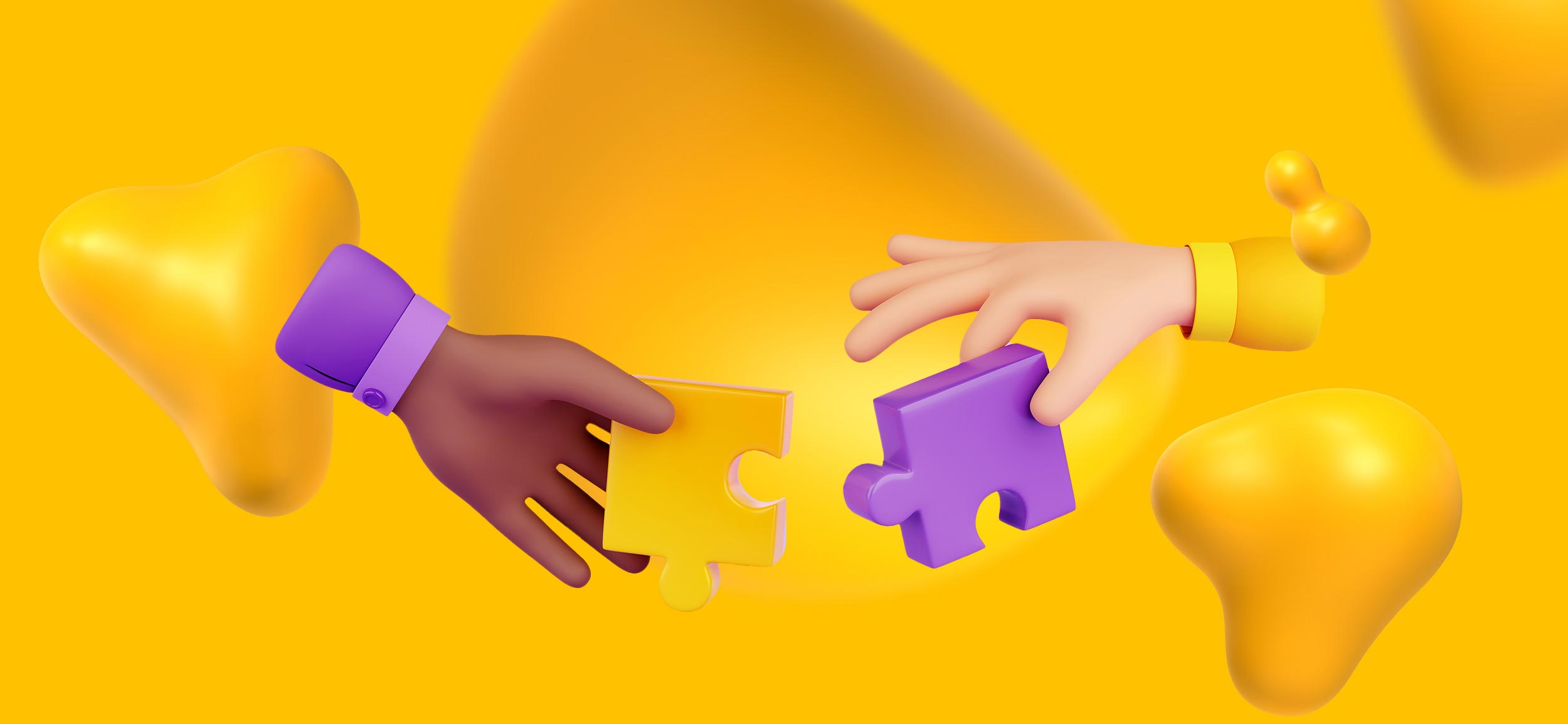 Two hands about to connect two pieces of a puzzle.