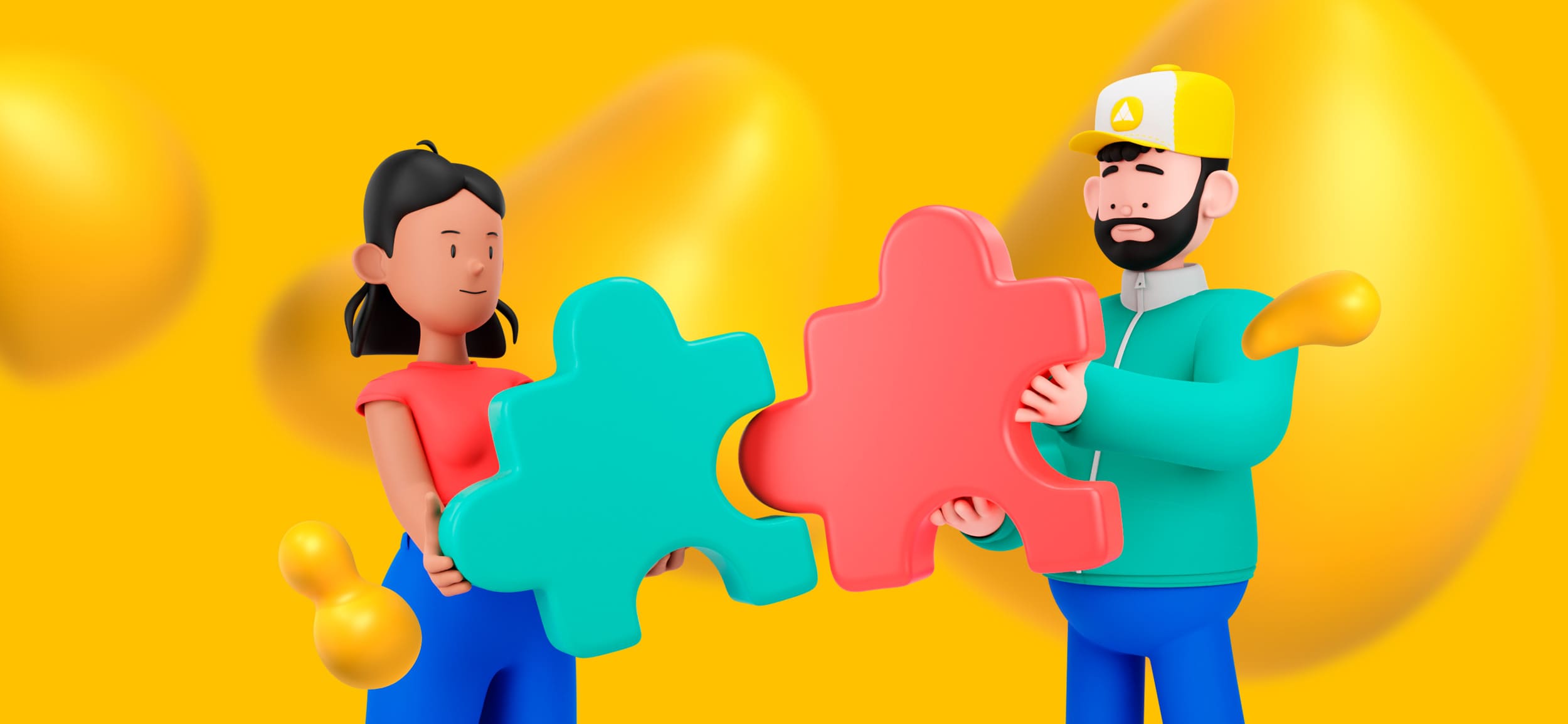 Two marketers joining pieces of a puzzle. The design sprint brings the creative process together.