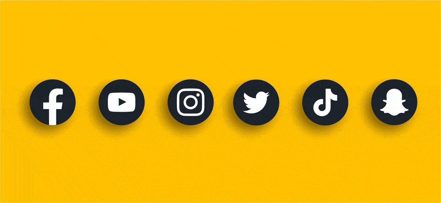 GIF of social media icons for Facebook, YouTube, Instagram, Twitter, TikTok, and SnapChat lighting up.