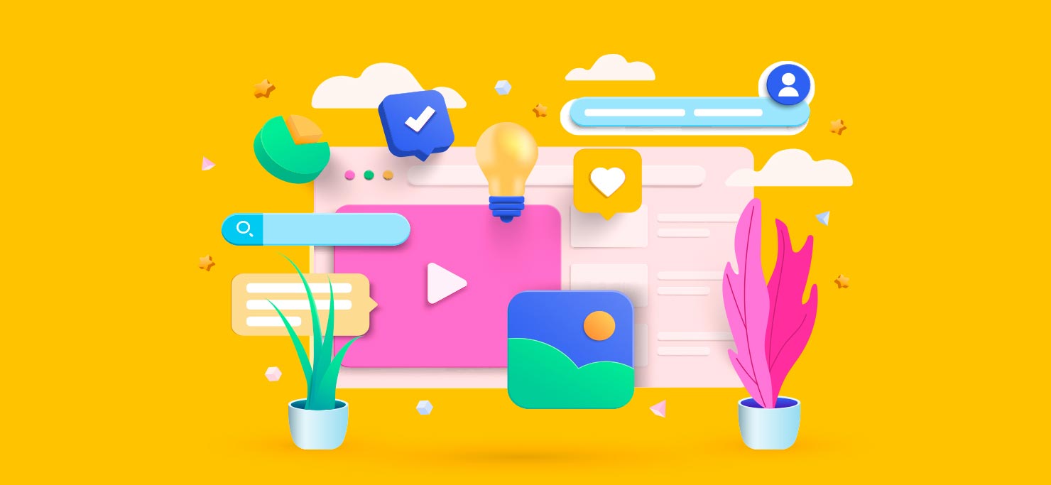 Elements of content marketing, like a computer screen, profile, search bar, images, and more.