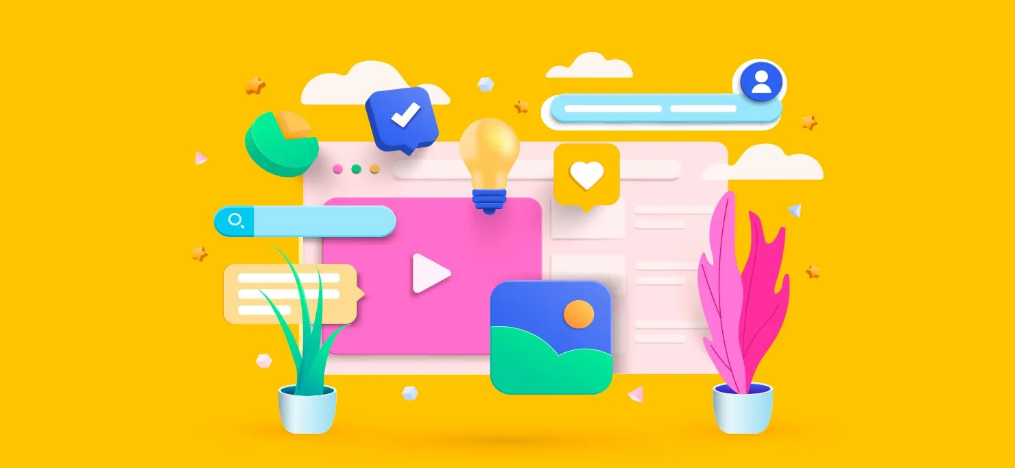 Elements of content marketing, like a computer screen, profile, search bar, images, and more.