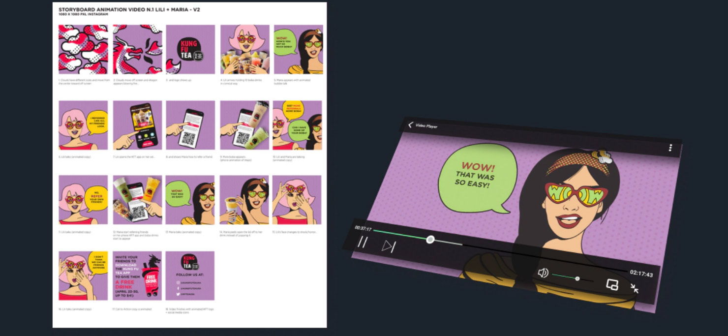 Frames from an animation created for Kung Fu Tea.