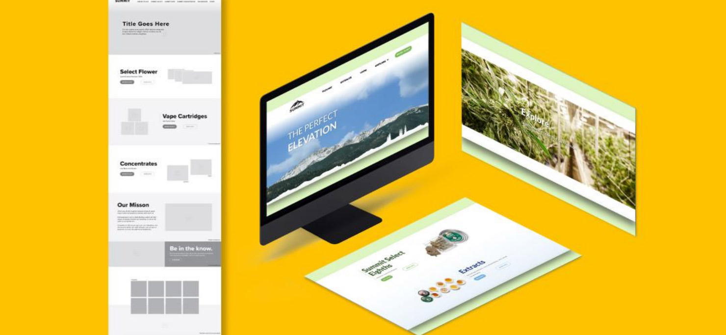 Elements of website, including a black and white wireframe and a computer screen.