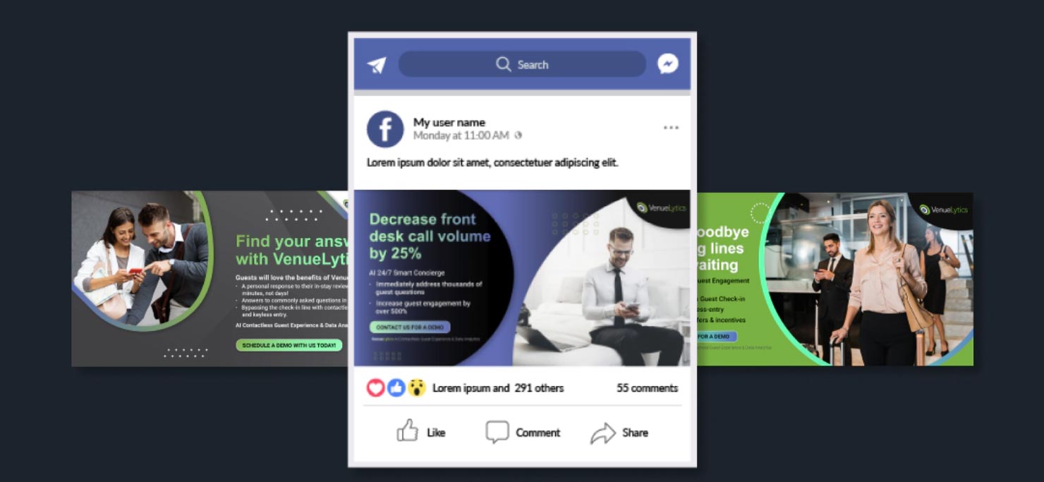 Samples of digital and Facebook ads created for VenueLytics.