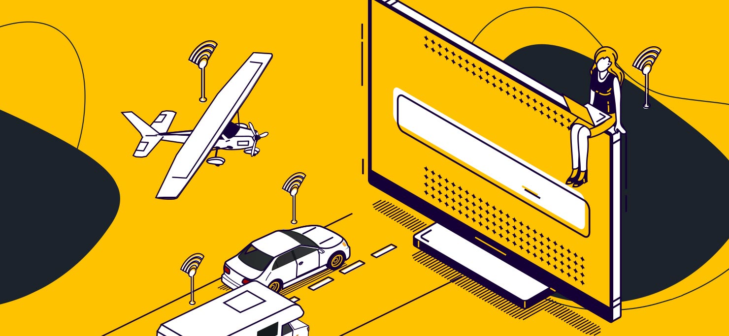 A girl perched on a giant computer screen. It is sitting in the middle of a street and surrounded by cars and a plane.