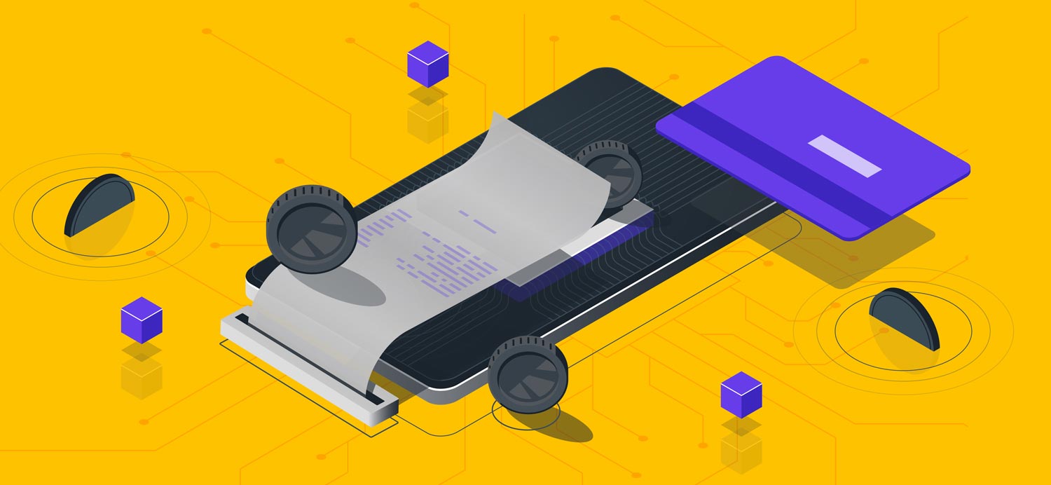 A receipt coming out of a large machine while a blue credit card floats above it.