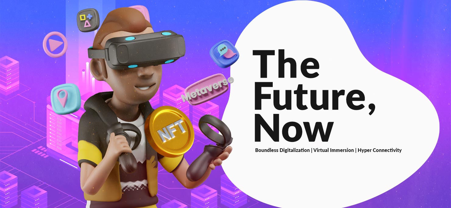 A guy using VR goggles. The Future, Now.