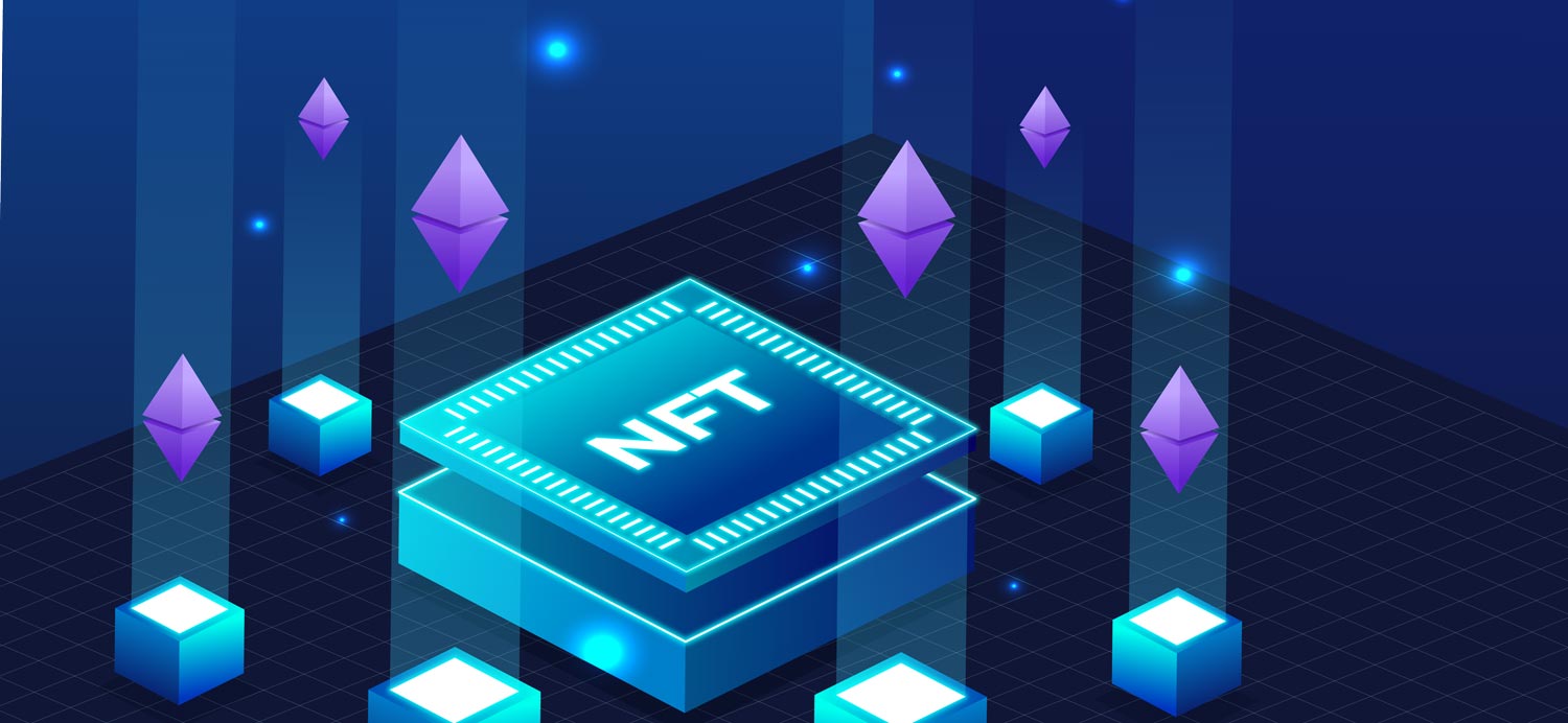 A futuristic looking scene. There is a box in the middle of the room with NFT written on its top.