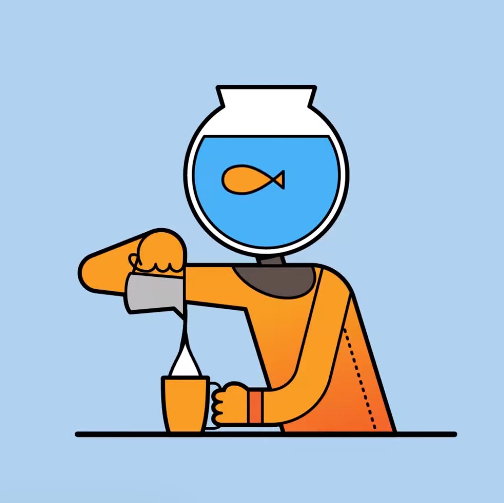 A deep sea diver with a goldfish bowl for a helmet.