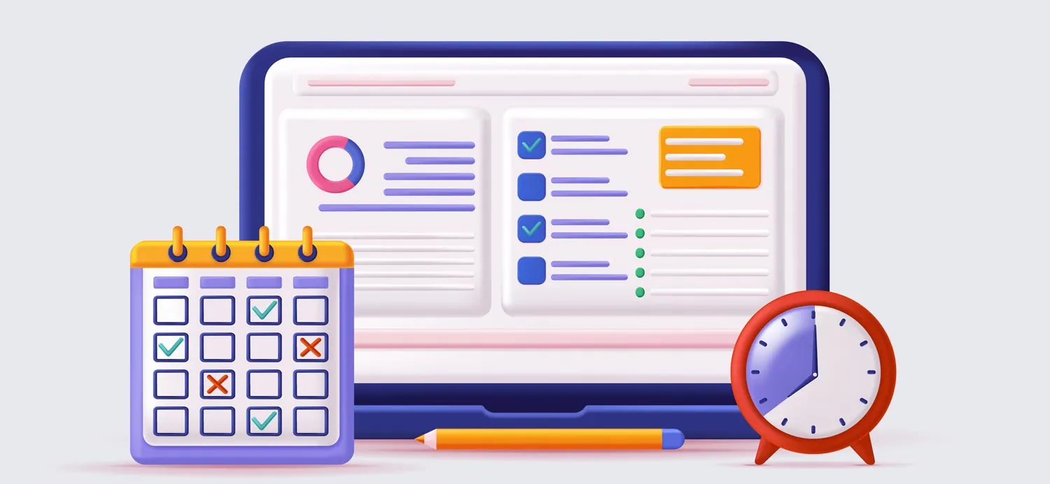 A computer screen, with a calendar and an alarm clock.