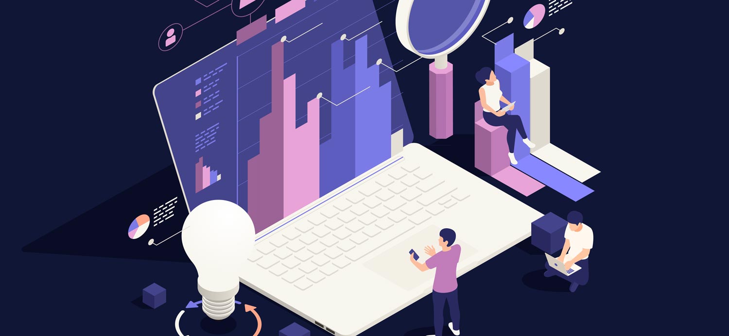A 2D illustration of a team using a giant laptop, for do your research.