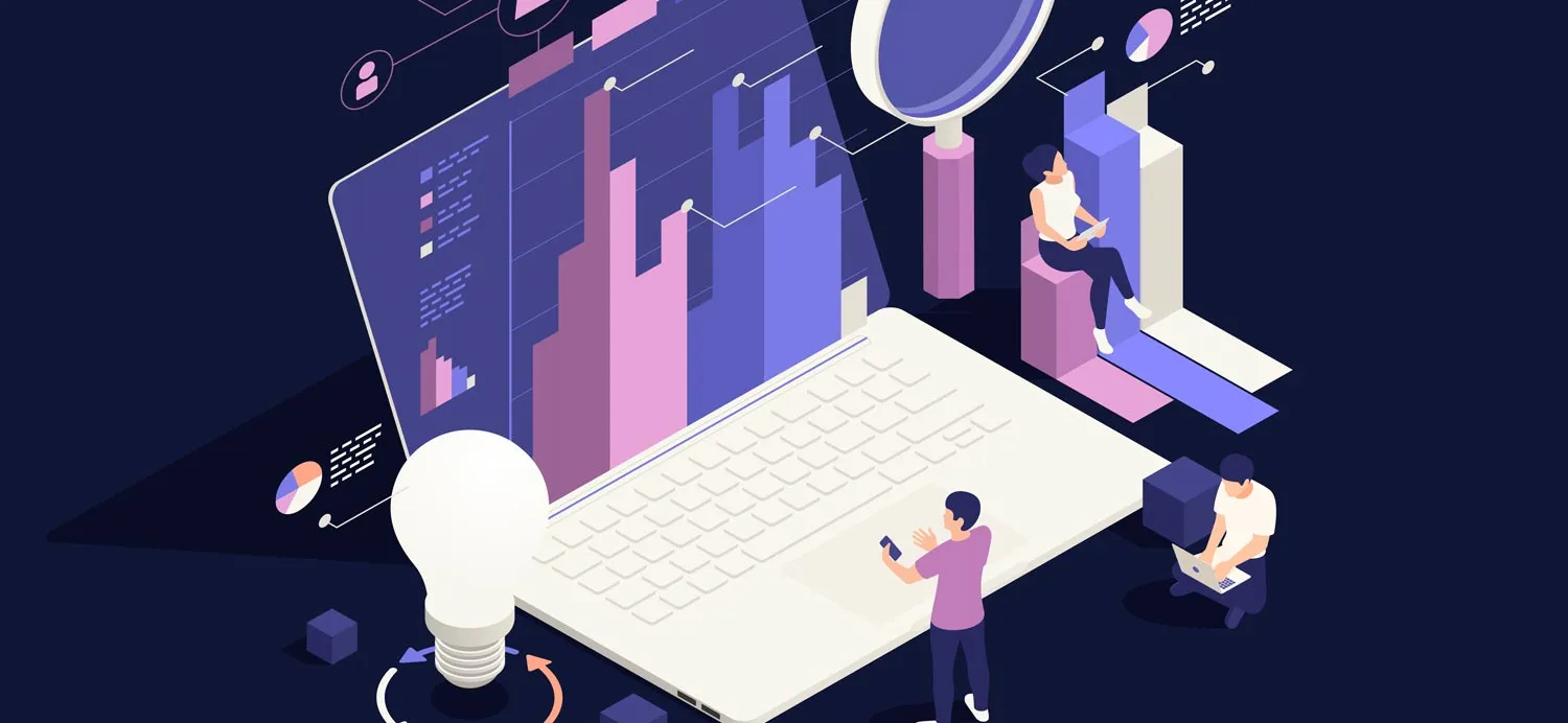 A 2D illustration of a team using a giant laptop, for do your research.