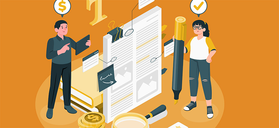 A designer and a client discuss a deal.