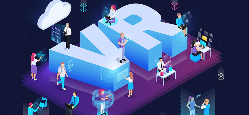 An office runs smoothly around the giant letters, VR.