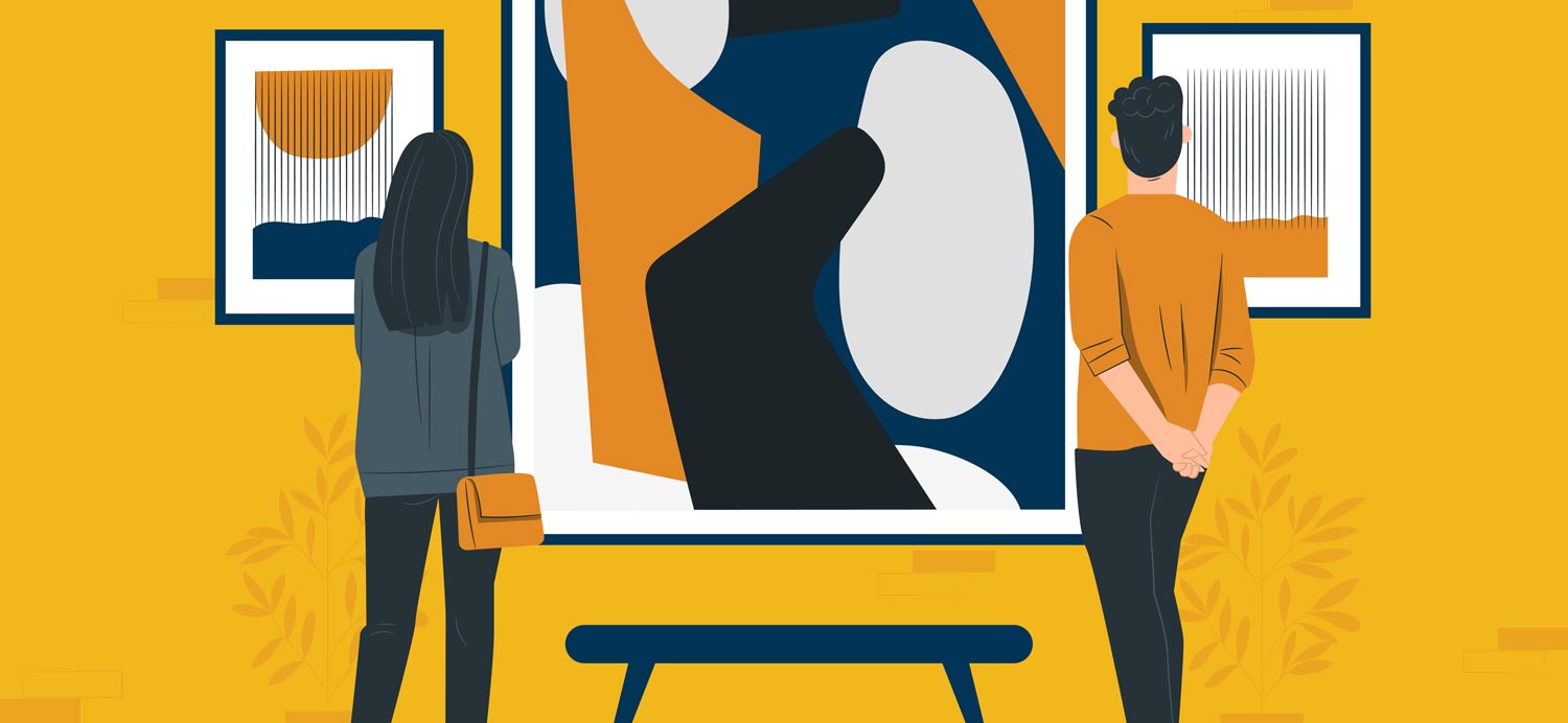 Two people admiring wall art in a museum.