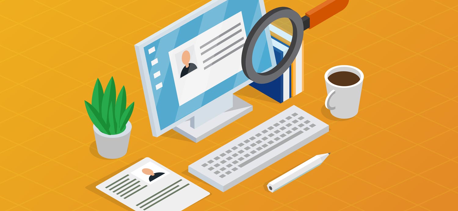 A magnifying glass inspecting a computer screen with a profile pulled up.