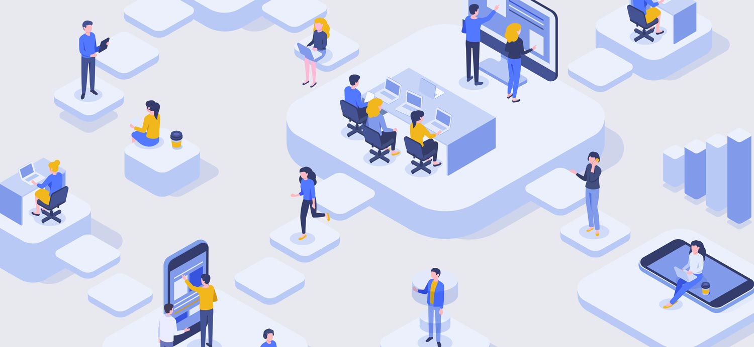 A busy office with people sitting at computers, working on a whiteboard, and practicing presentations.