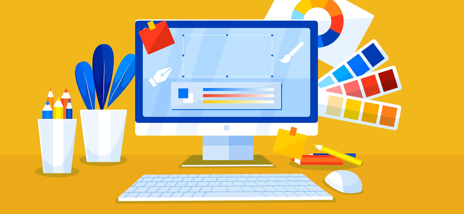 A graphic designer's computer with colored pencils around it and color palettes.