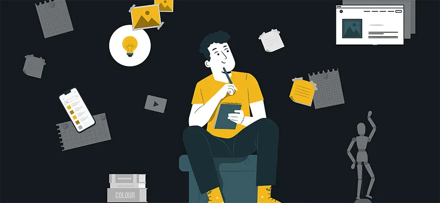 A 2D illustration of a man sitting and thinking up a concept for his new NFT.