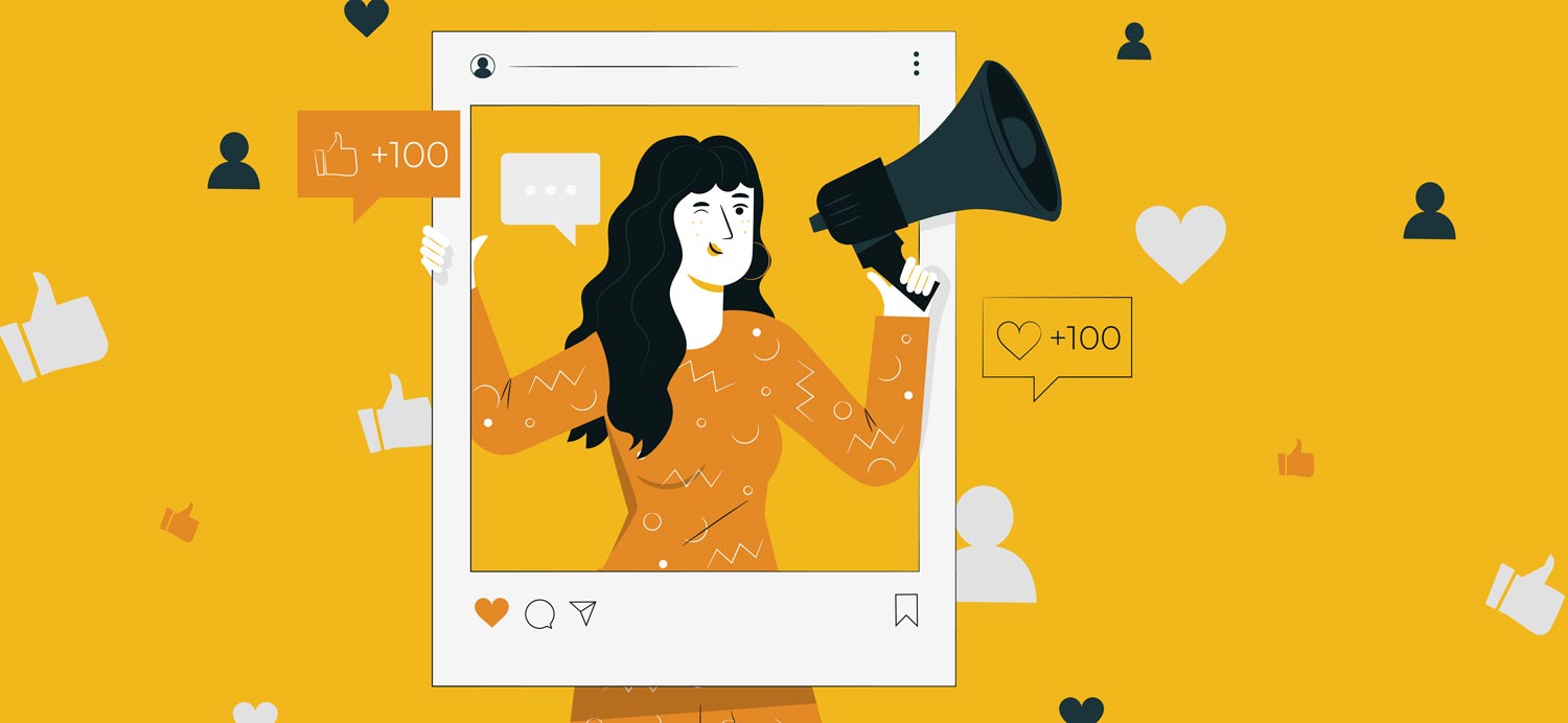 A 2D illustration of a woman holding up a megaphone and winking. She is holding up a social media frame.