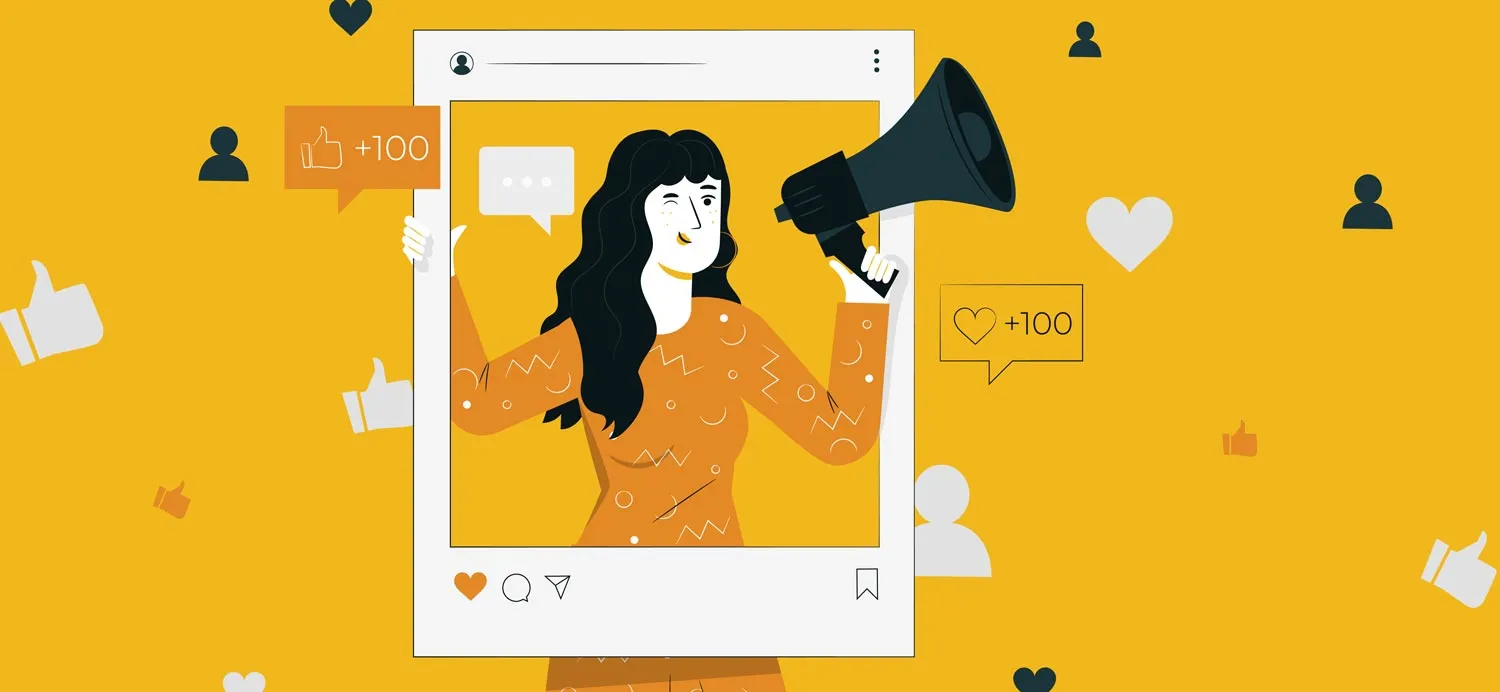 A 2D illustration of a woman holding up a megaphone and winking. She is holding up a social media frame.