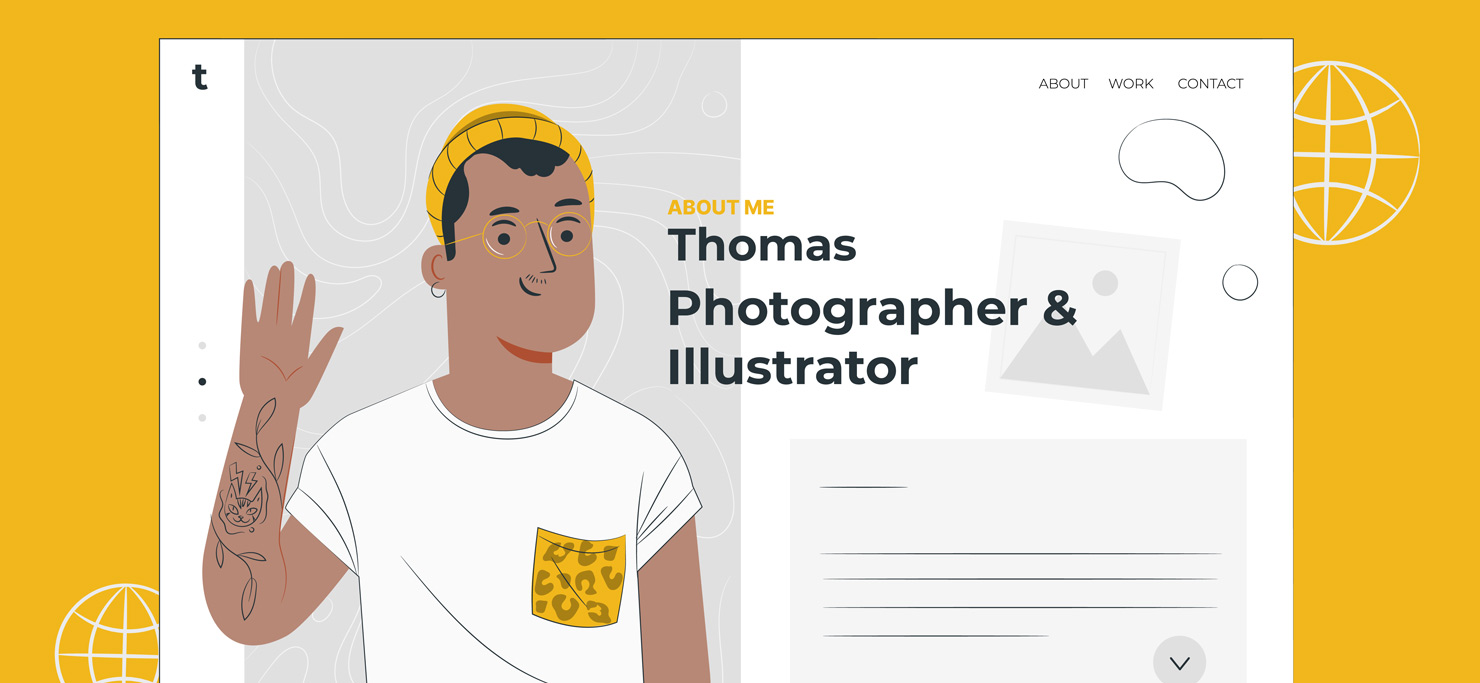 An About Me section of a website, featuring Thomas, the photographer and illustrator.