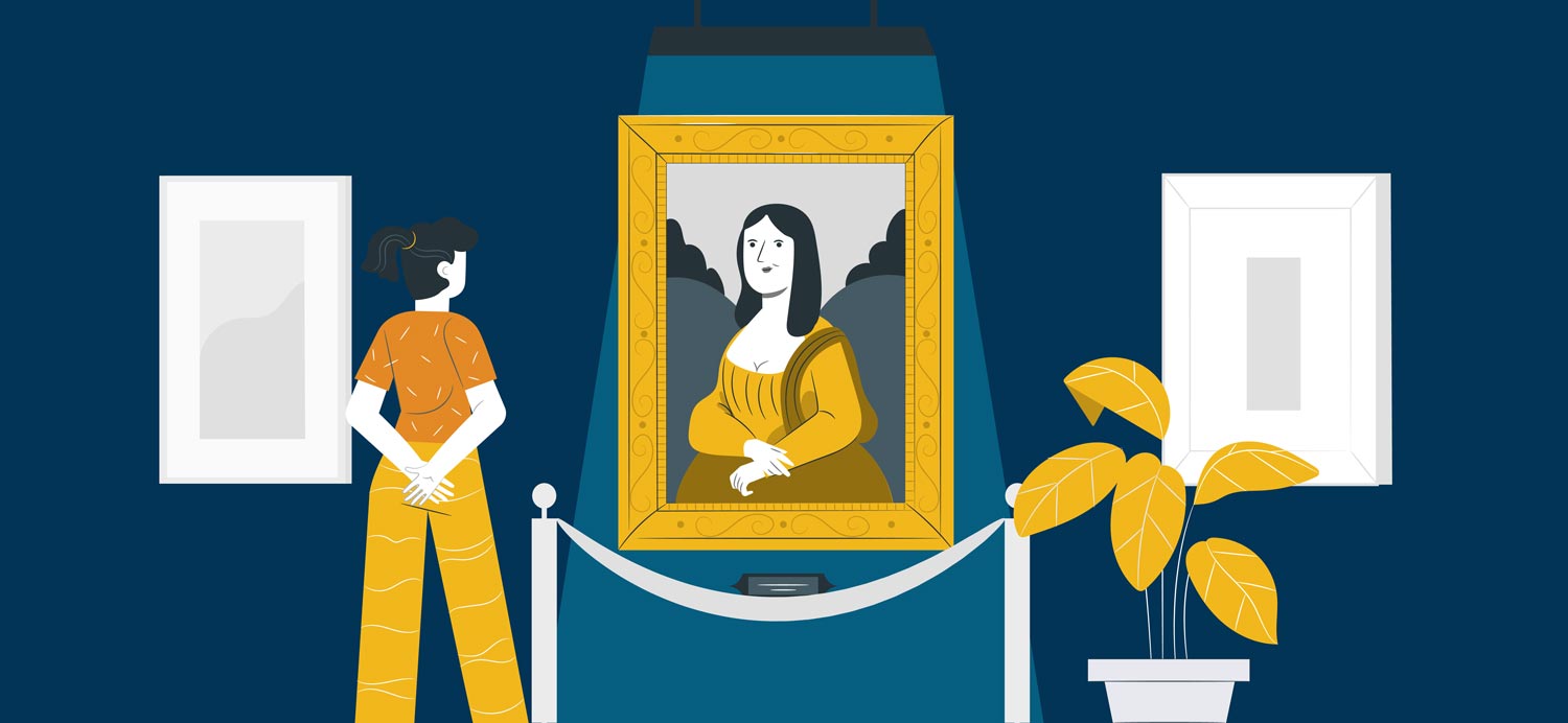 A 2D illustration of a woman admiring the Mona Lisa.