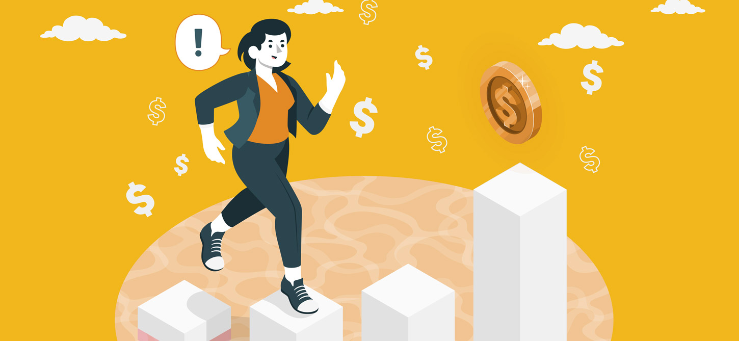 A woman uses the bars of a bar graph as steps to reach a gold coin.