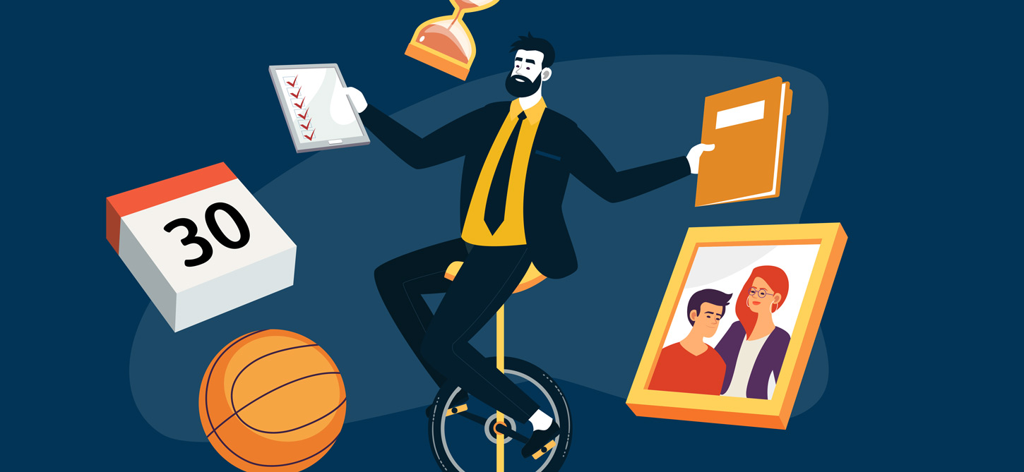 A man sits on a unicycle juggling elements of work and life, including a basketball, an hour glass, a clipboard, and a picture of his family.