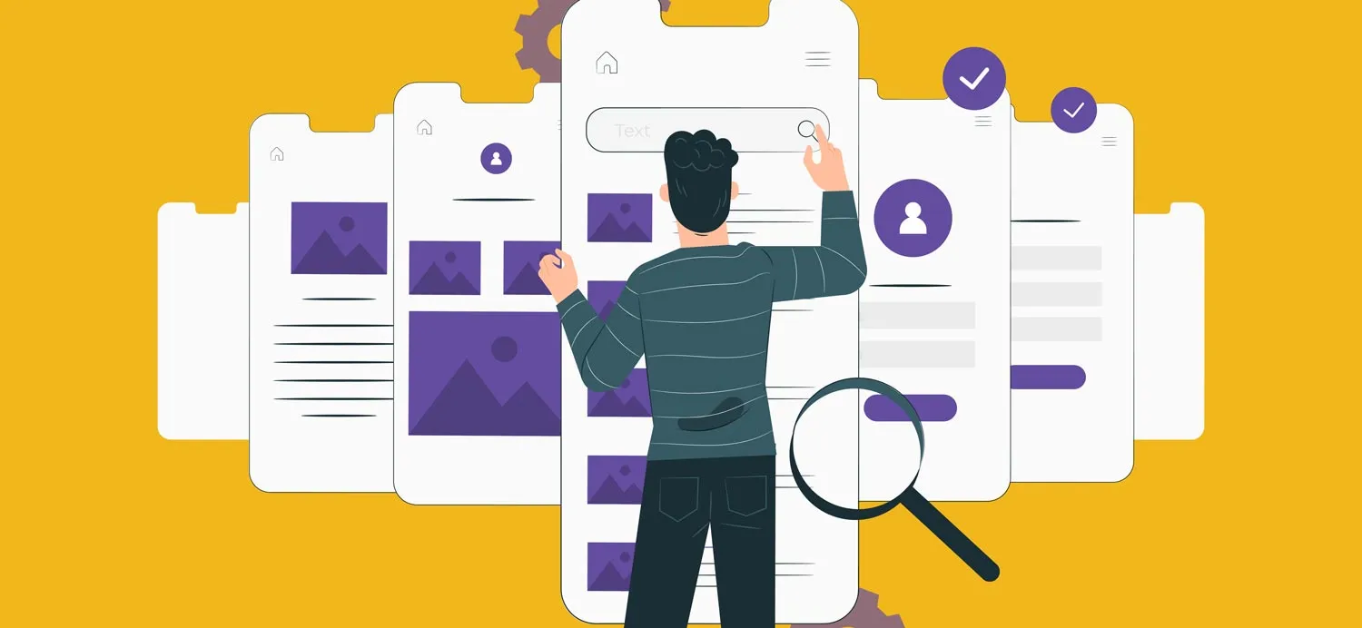 A man looking at rows of giant smart phone screens.